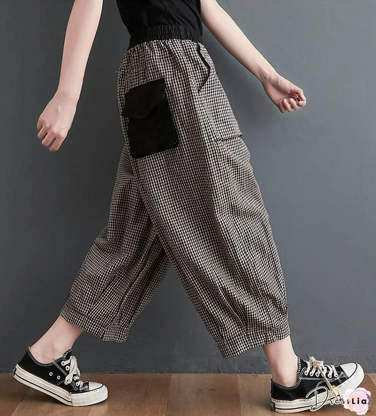 Yellow Pockets Loose Cotton Crop Pants High Waist Summer