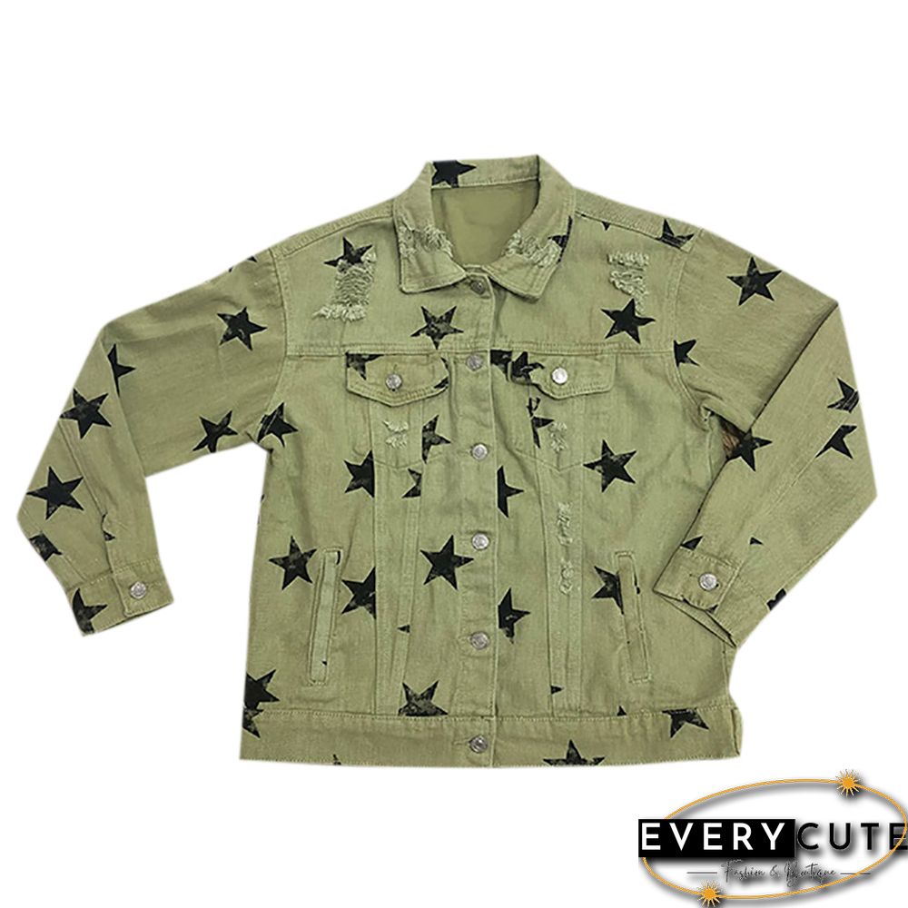 Green Star Print Distressed Denim Jacket