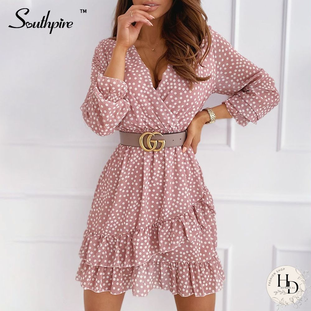 Southpyre Sexy V-Neck Pink Polka Dot Mini Dress Womens Long Sleeve Ruffle Elegant Party