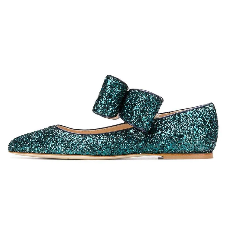 Green Glitter Bow Pointy Toe Comfortable Flats |FSJ Shoes