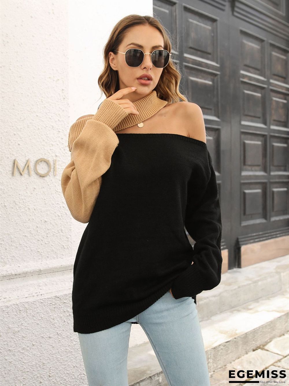 Design Sense of A Word Neck Loose Long Sleeve Knit Sweater | EGEMISS