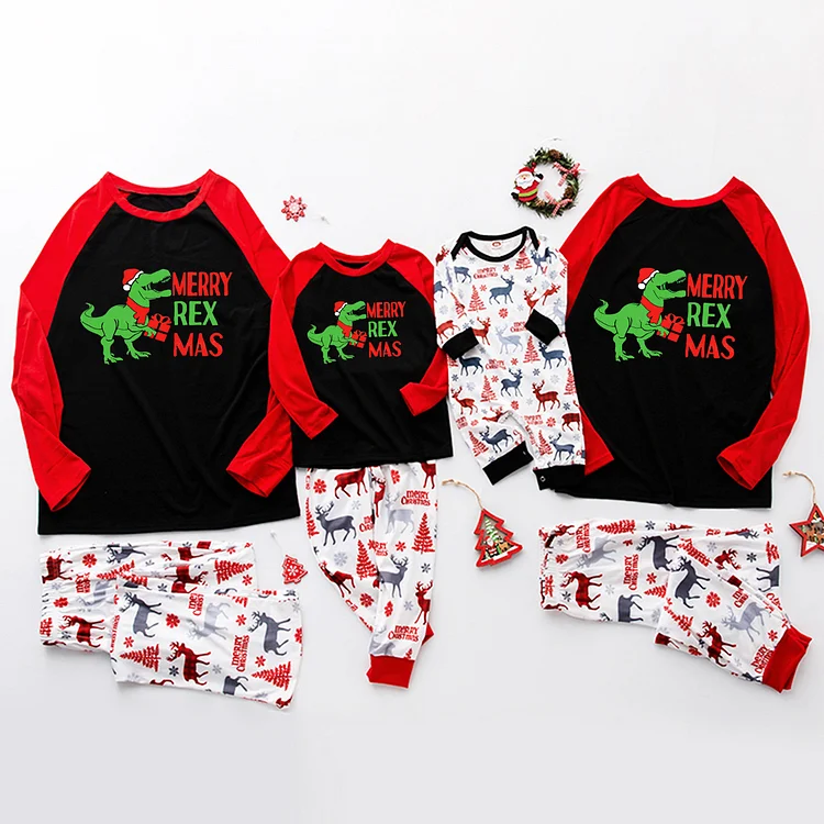 'Merry Rex Mas' Dinosaur Cartoon Print Christmas Family Pajamas Sets