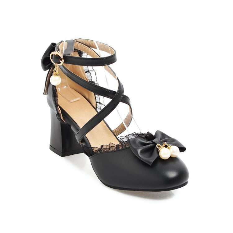 VCSHOES Ankle Strap Butterfly Knot Pearl Cross Tied Strap Block Heel Sandals