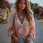 Vintage Boho Pink Roses Embroidered Comfy Linen Shirt - Image 2