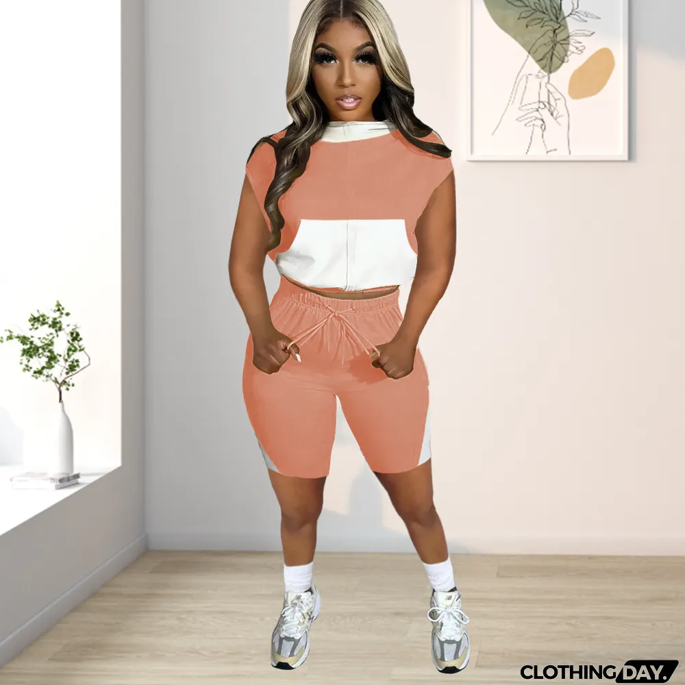 Contrast Color Hooded Sweatshirt Shorts 2 Piece Set