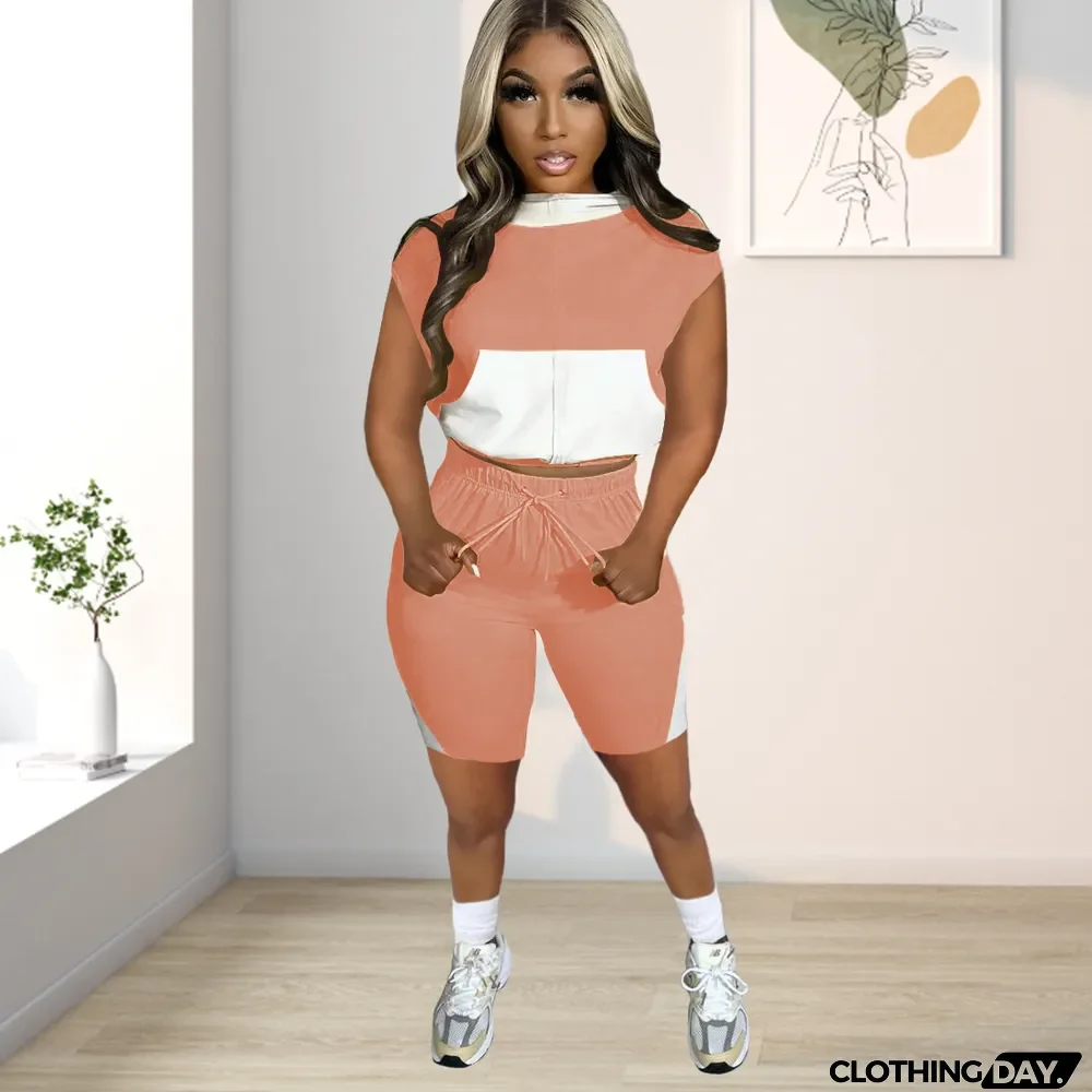 Contrast Color Hooded Sweatshirt Shorts 2 Piece Set