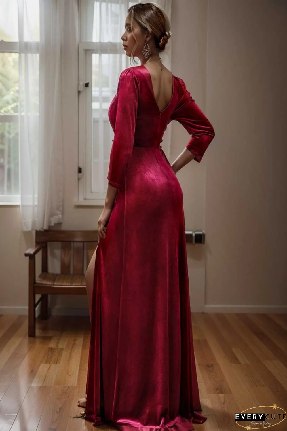velvet 3 4 length sleeve illusion v neck front slit evening dress