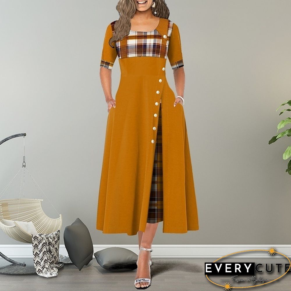 Women's Fashion Half Sleeve Elegant Long Dress Plaid Print Button Detail Maxi Dress Plus Size Xs-5Xl