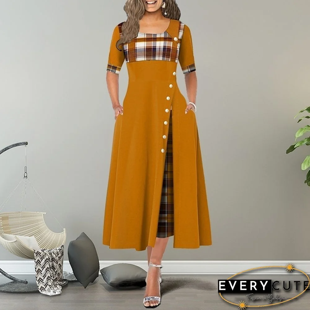 Women's Fashion Half Sleeve Elegant Long Dress Plaid Print Button Detail Maxi Dress Plus Size Xs-5Xl