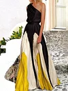 Contrast Color One-Shoulder Maxi Dress
