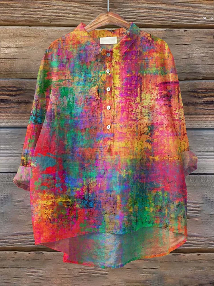 Women's Rainbow Art Print Casual Cotton And Linen Shirt