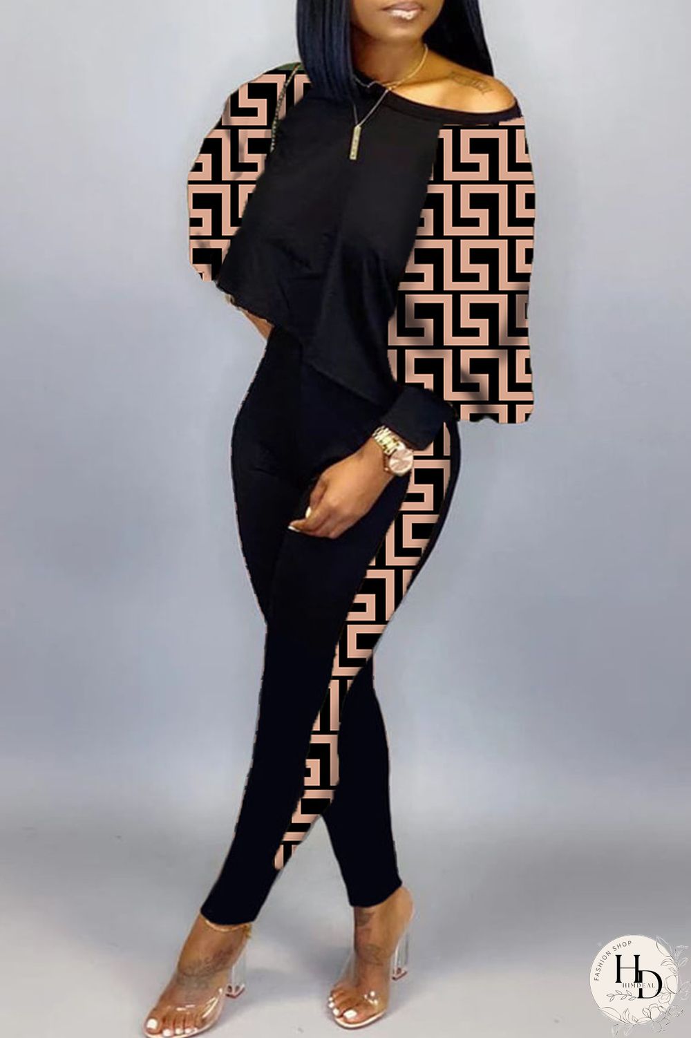 Burgundy Sexy Casual Print Patchwork Contrast O Neck Long Sleeve Two Pieces