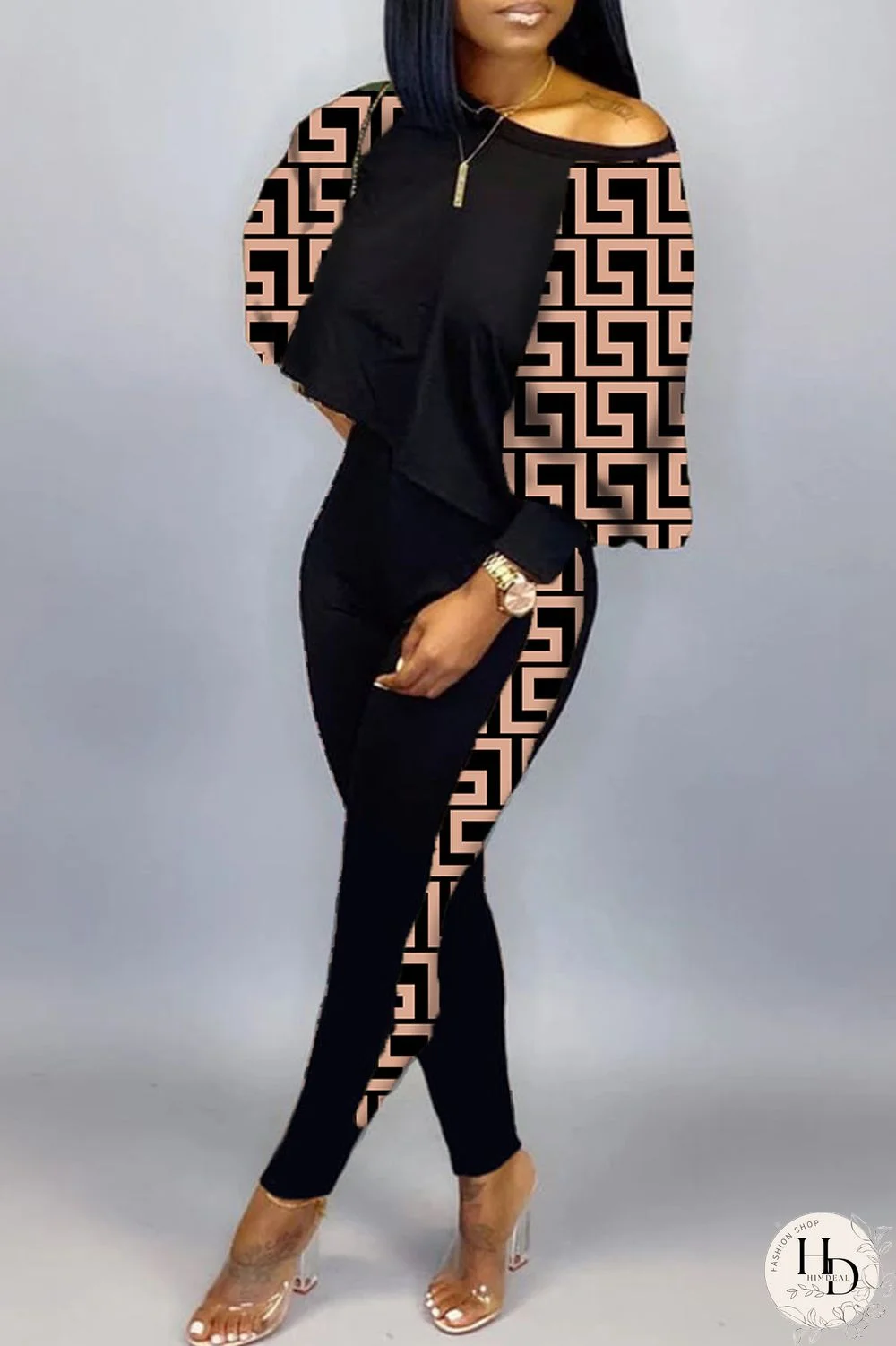 Burgundy Sexy Casual Print Patchwork Contrast O Neck Long Sleeve Two Pieces