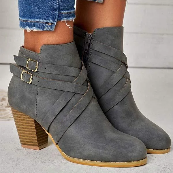 Women'S Cross Strap Fashion Chunky Heel Side Zip Martin Boots 23377232C