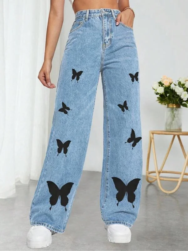 Women's 2023 New Fashion High Waist Washable Pants Butterfly Print Straight Denim Jeans