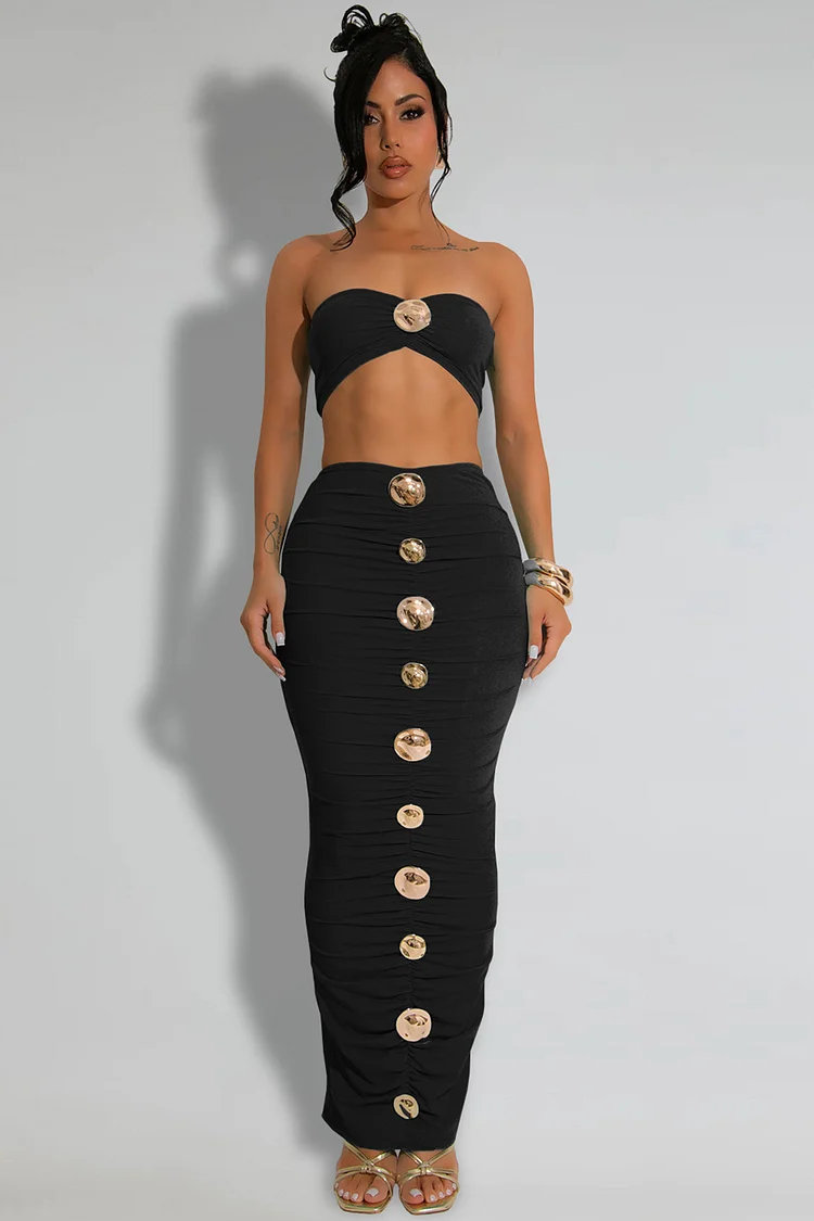 Metal Decor Ruched Two Piece Skirt Set-Black