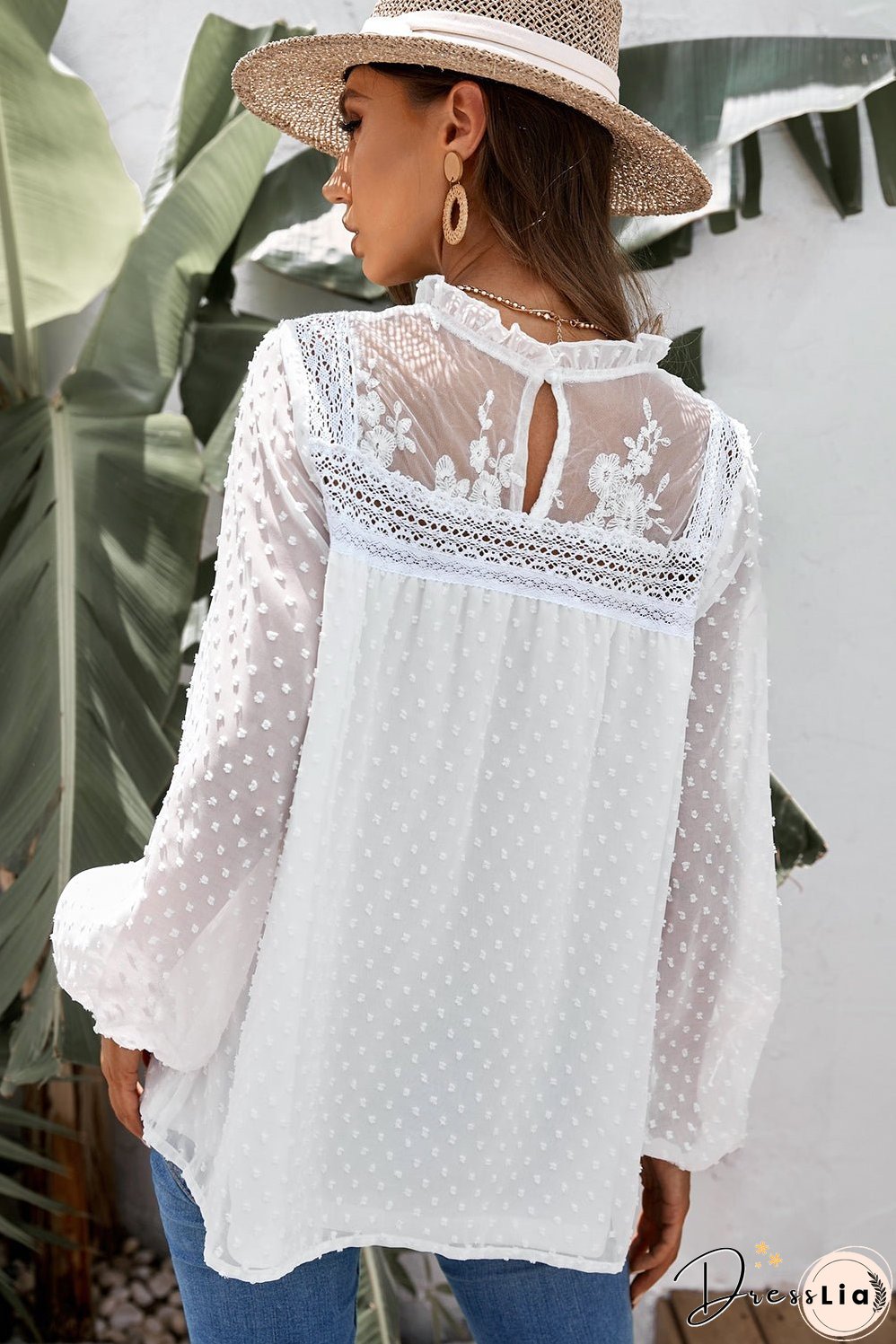 Swiss Dot Frill Neck Embroidered Keyhole Blouse