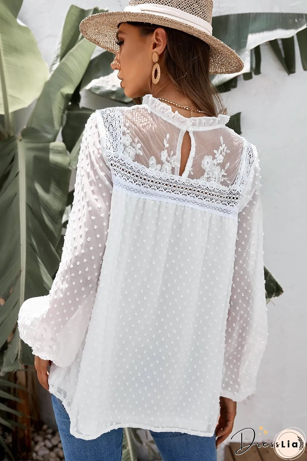 Swiss Dot Frill Neck Embroidered Keyhole Blouse