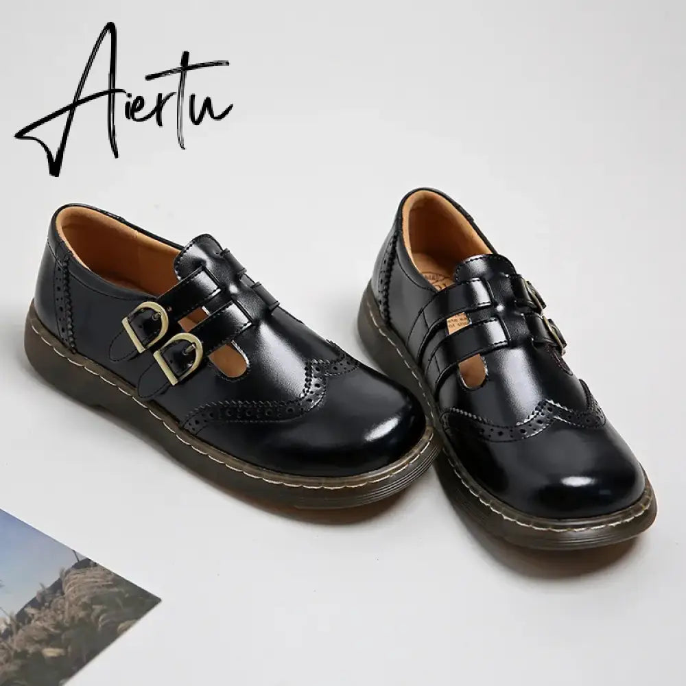 Mary Jane Shoes Summer Thin Section Japanese Double Buckle New Low-cut Flat Round Toe Small Leather Shoes Women Aiertu