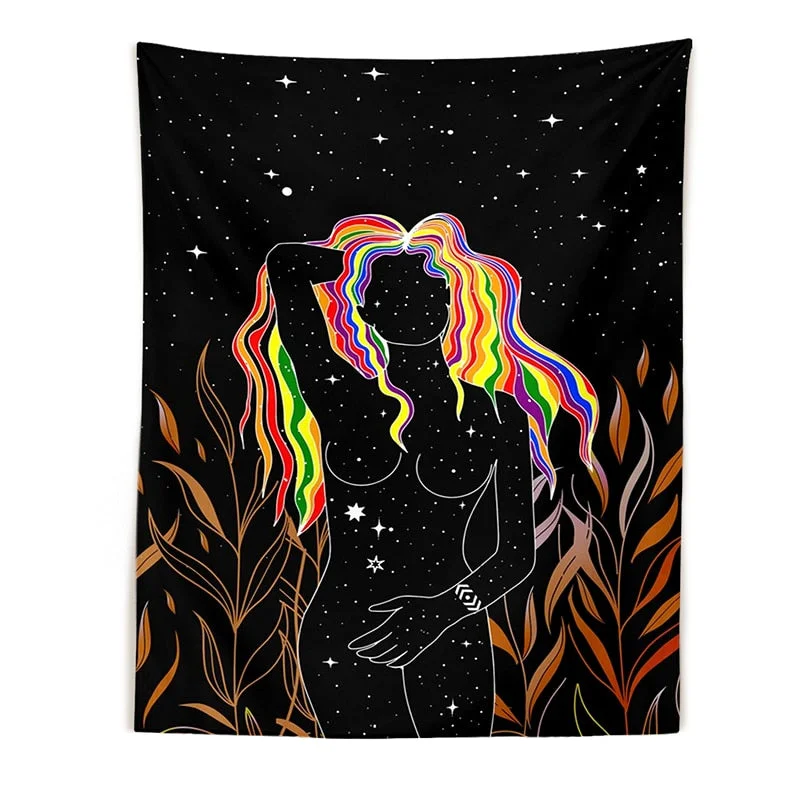 Moon woman Tapestry Wall Hanging Psychedelic Art Tapestries Simple Line Wall Cloth Psychedelic Women Yoga Carpet Boho Decor