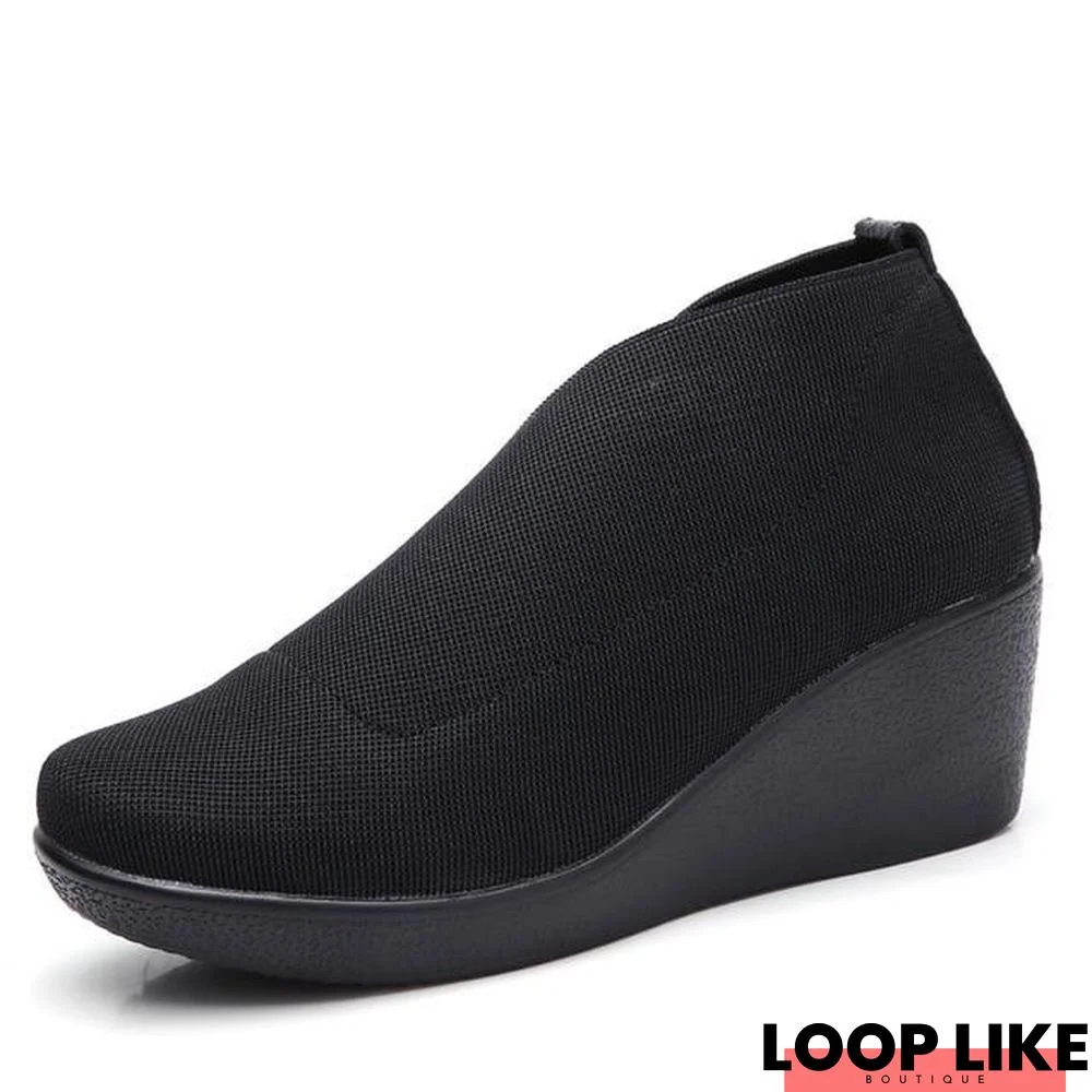 Women Flat Platform Slip On Casual Leather Loafers Black Fabric Flats