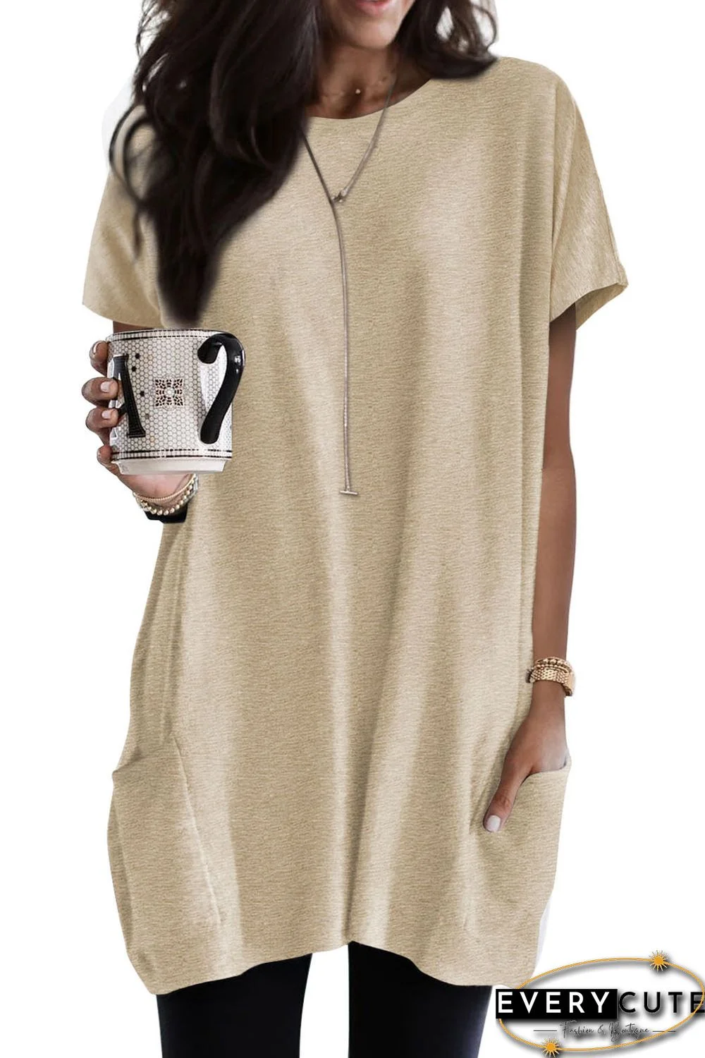 Khaki Side Pockets Short Sleeve Tunic Top