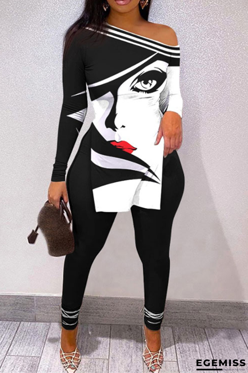 Black White Street Print Patchwork One Shoulder Long Sleeve Two Pieces | EGEMISS