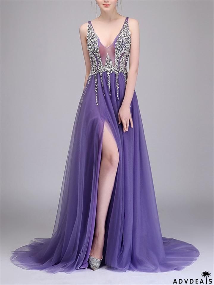 Sequined Beaded Backless Tulle Trendy Prom Dresses