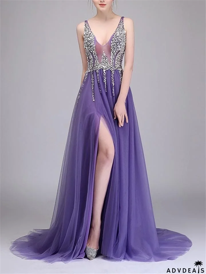 Sequined Beaded Backless Tulle Trendy Prom Dresses