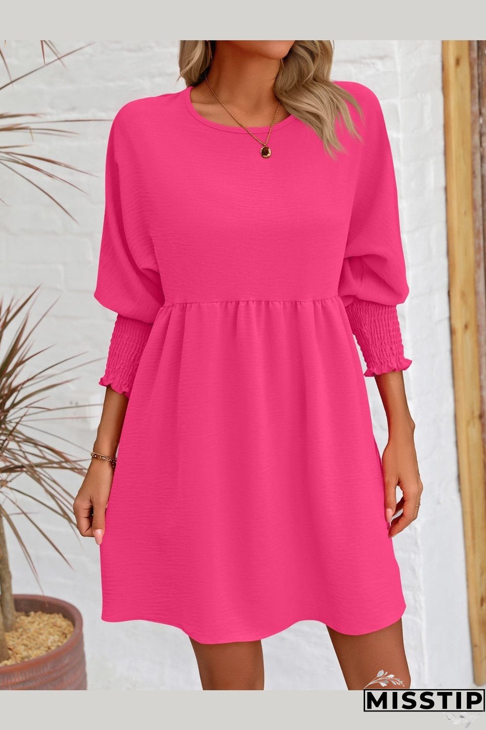 Round Neck Lantern Sleeve Mini Dress