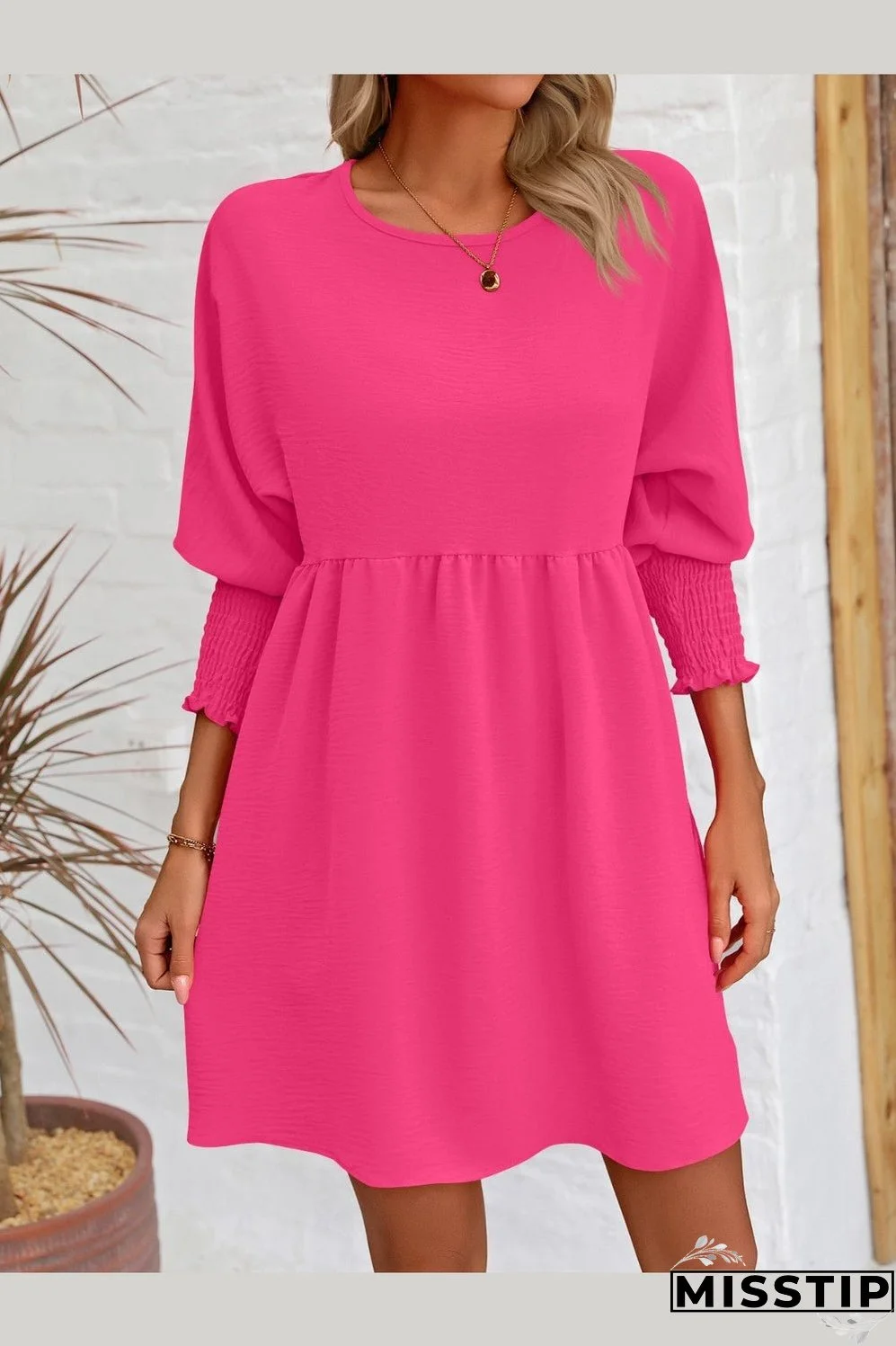 Round Neck Lantern Sleeve Mini Dress