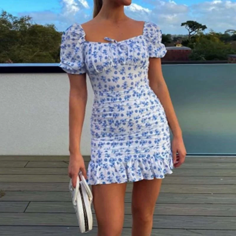 Boho Floral Summer Print Dress Women Short Puff Sleeve Backless Dress 2023 Square Collar Female Casual Vacation Holiday Vestidos