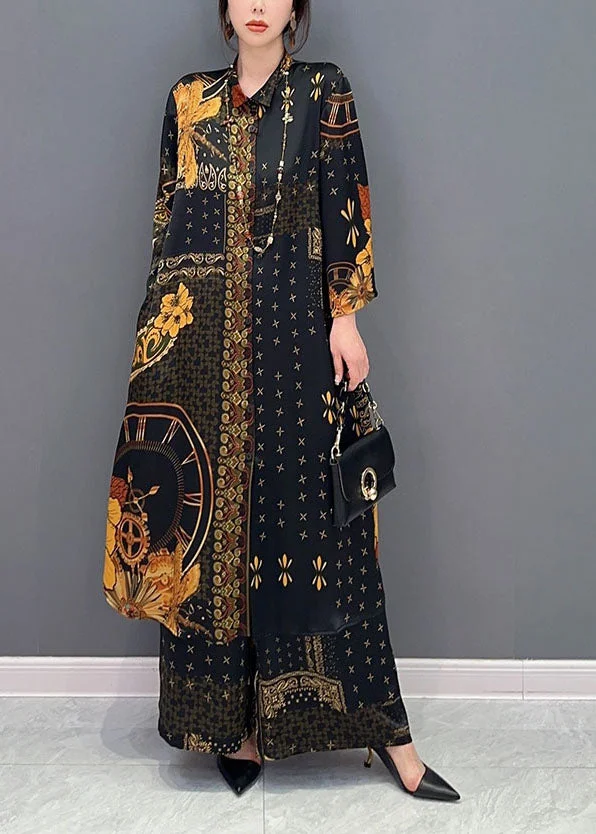 4.15Bohemian Black Oversized Print Chiffon Long Shirt And Wide Leg Pant Two Piece Set Spring