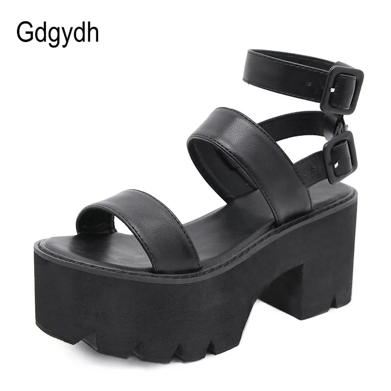 Gdgydh 2021 New Arrival Summer Women Platform Sandals Thick Bottom Ankle Strap Sandals High Heels Open Toe Black Gothic Shoes
