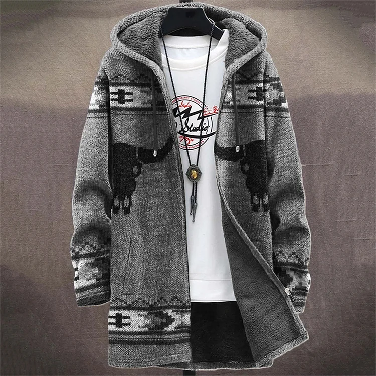 Men's Western Bull Skull Aztec Cozy Hooded Cardigan