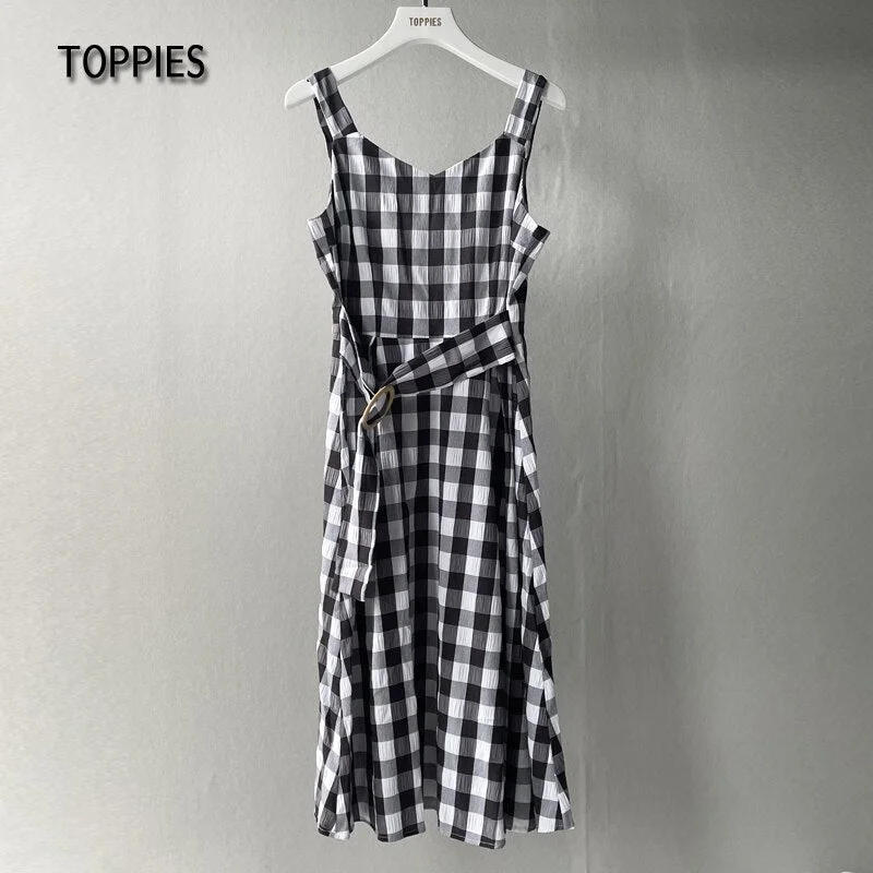 Toppies Fashion Plaid O-ring Belt Camisole Dresses Sexy Sleeveless Midi Dress 2021 Summer Clothes