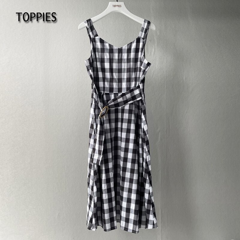 Toppies Fashion Plaid O-ring Belt Camisole Dresses Sexy Sleeveless Midi Dress 2021 Summer Clothes