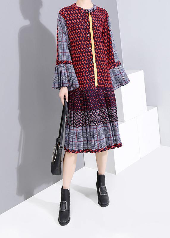 VCSHOES red chiffon quilting clothes Petal Sleeve A-Line Patchwork Dress