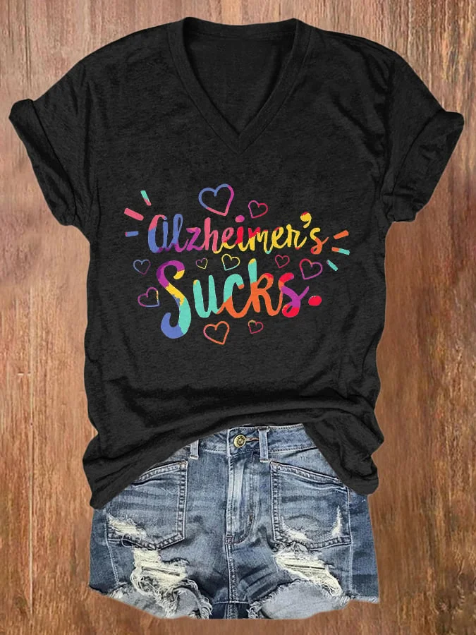 V-neck Alzheimer's Awareness Alzheimer's Sucks Print T-Shirt socialshop