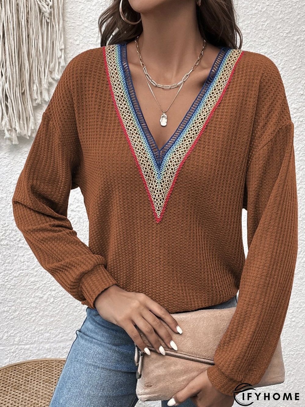 Cotton-Blend Casual V Neck Top | IFYHOME