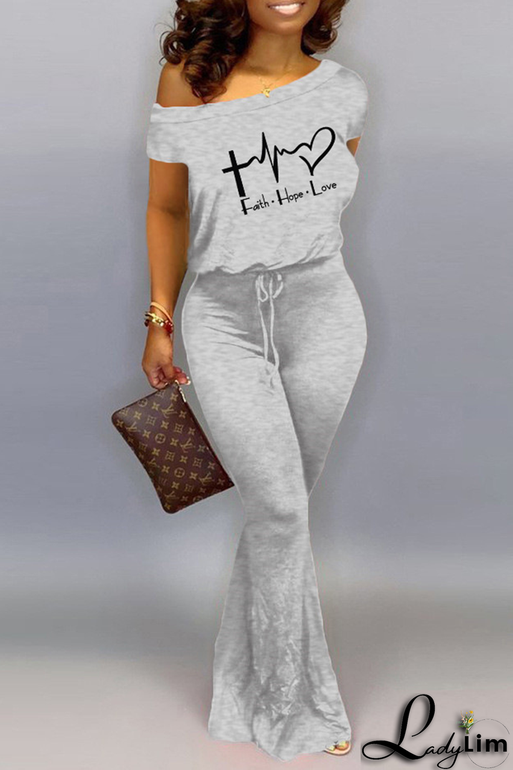 Grey Fashion Print Split Joint One Shoulder Boot Cut Jumpsuits