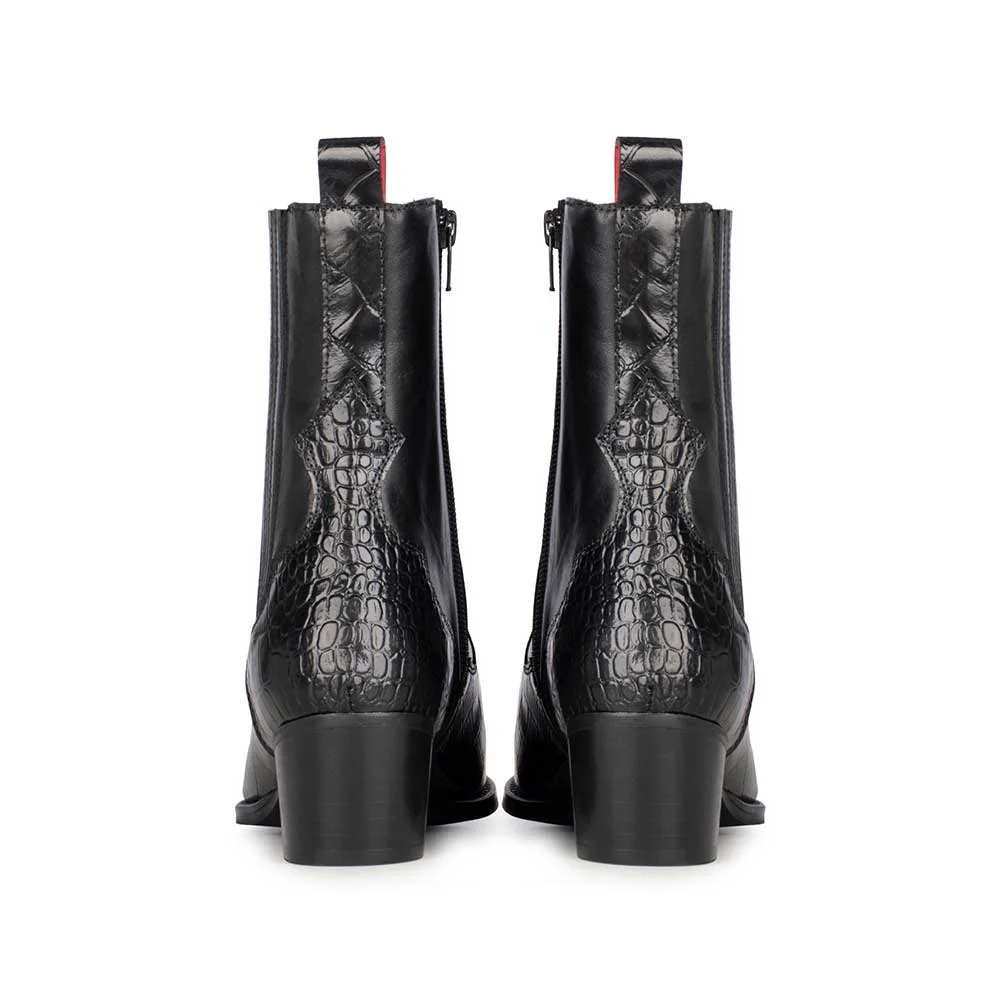 Black Croc Embossed Pointed Toe Chelsea Ankle Boots with Zipper