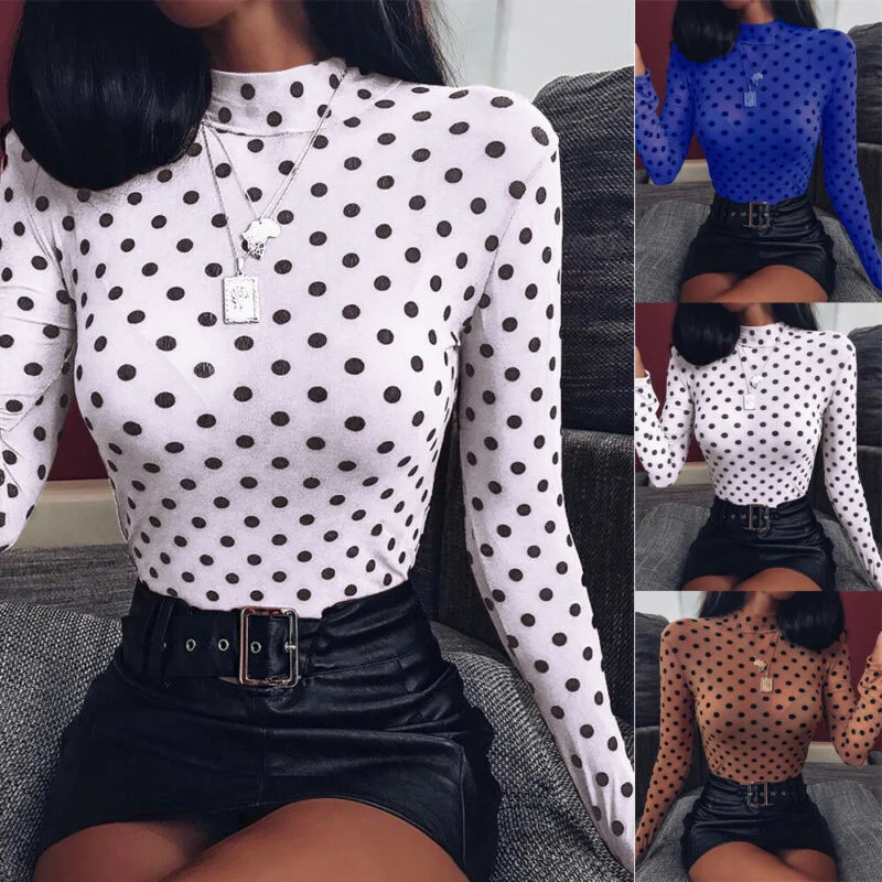 Sexy Womens Tops And Blouses Mesh Sheer Polka Dot Shirt Long Sleeve Tops Fashion Slim Blouse Ladies Blouses Women Clothes Shirts