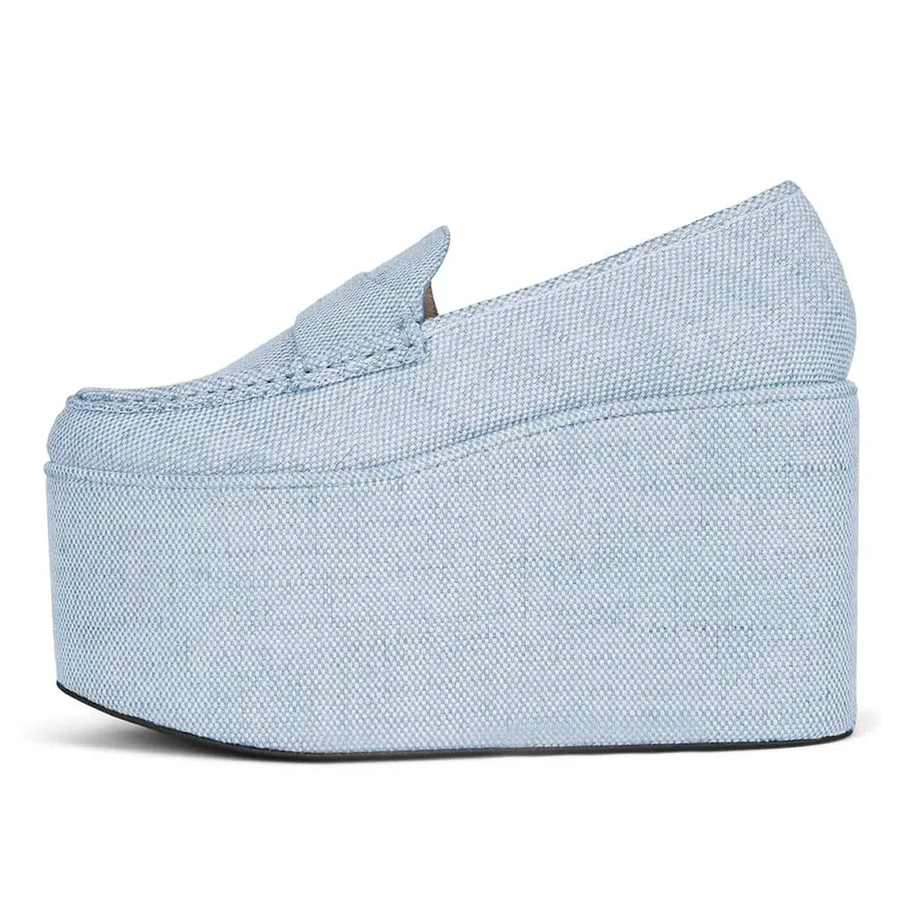 Light Blue Fabric Round Toe Platform Loafers with Wedge Heels