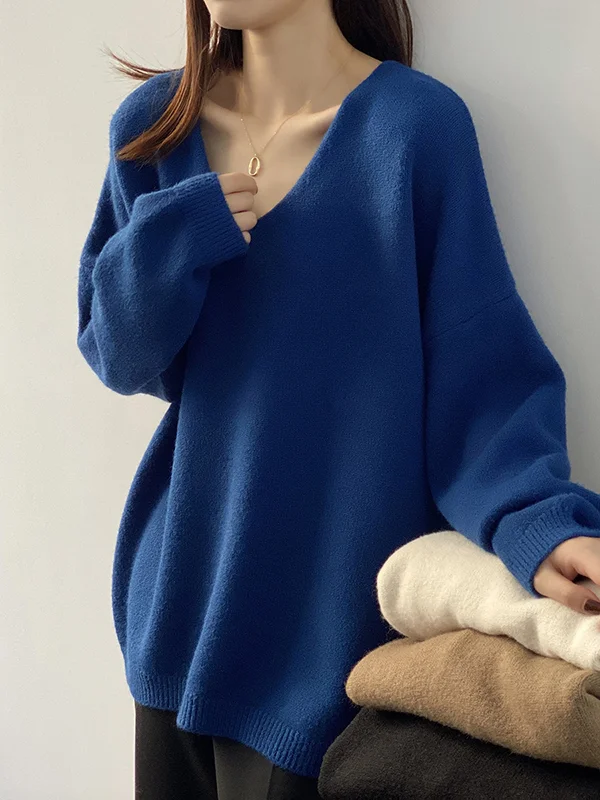 Casual Long Sleeves Roomy Pure Color V-Neck Sweater Tops