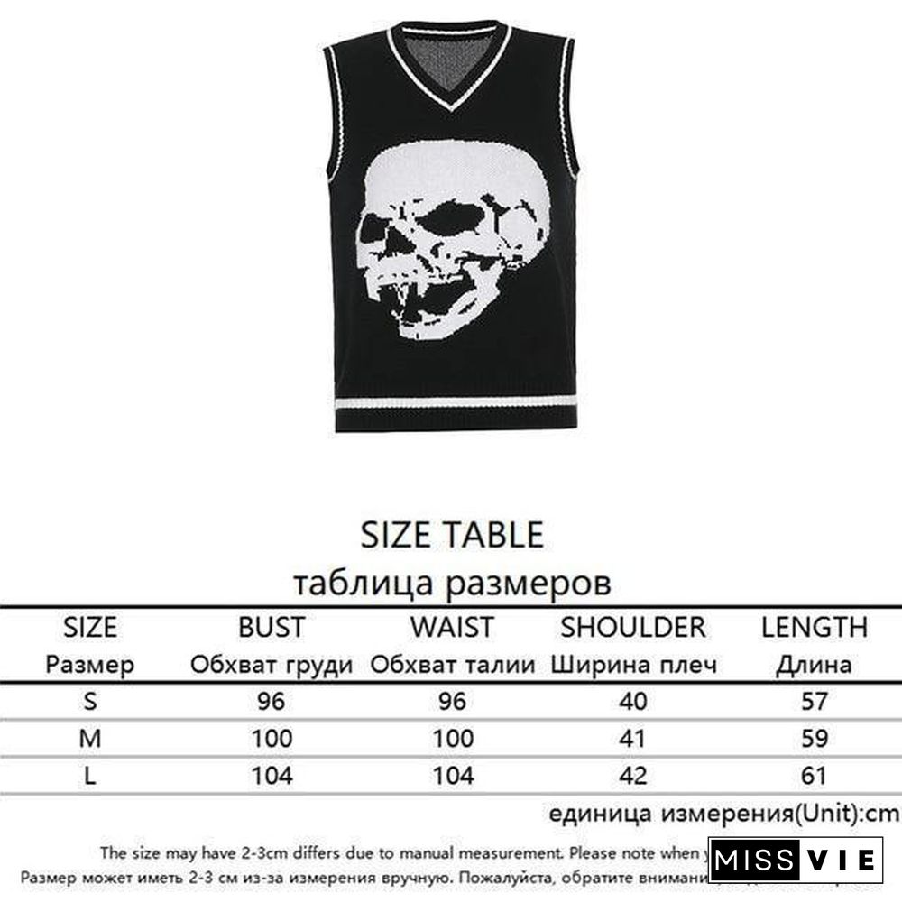 Rapcopter Y2K Sweaters Skulls Pullovers V Neck Knitwear Loose Casual Knitted Tops Women Streetwear Retro Tops Blue Autumn