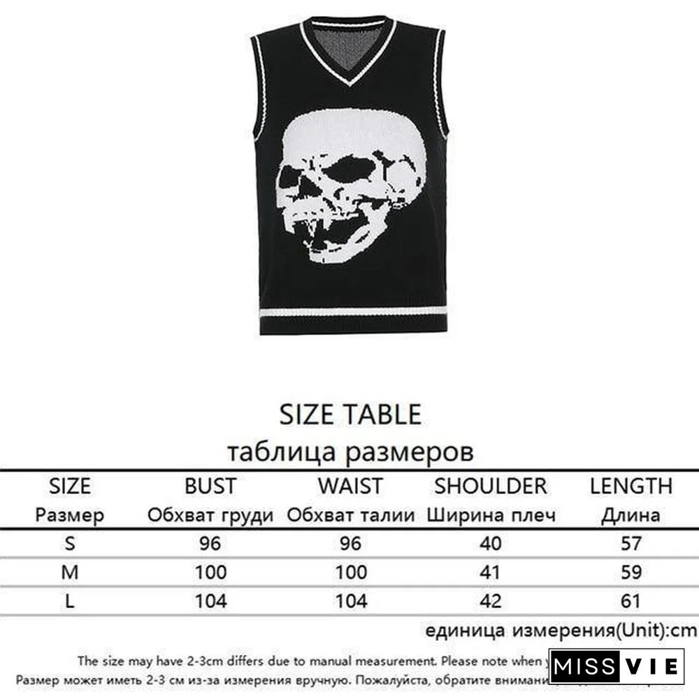 Rapcopter Y2K Sweaters Skulls Pullovers V Neck Knitwear Loose Casual Knitted Tops Women Streetwear Retro Tops Blue Autumn