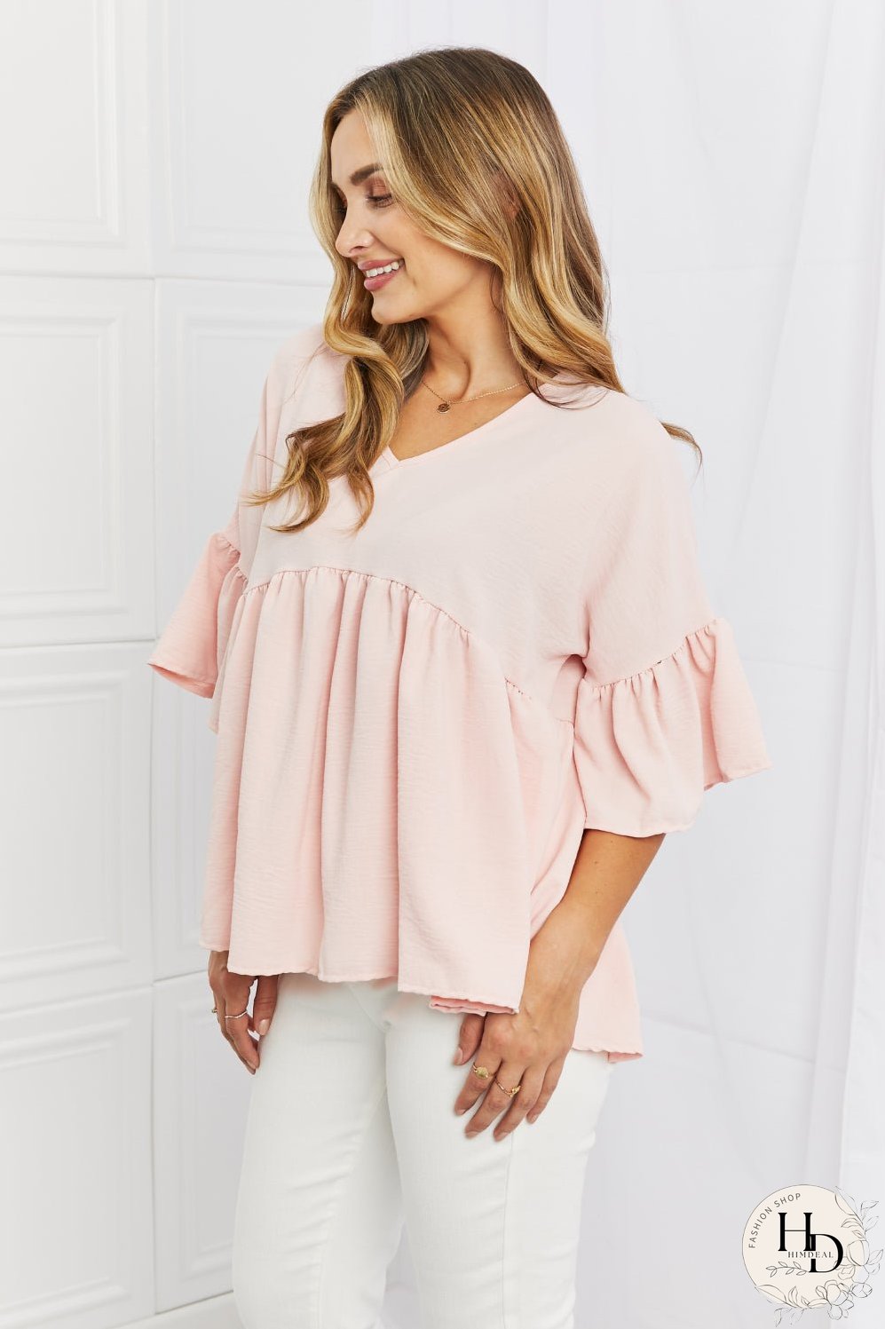 Celeste Look At Me Full Size Flowy Ruffle Sleeve Top in Pink