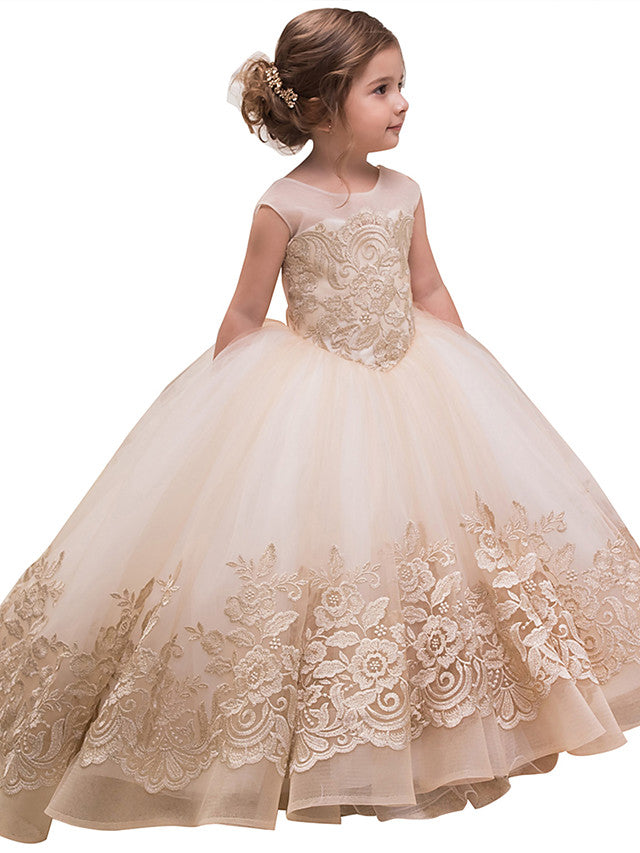 Oknass Princess Sleeveless Jewel Neck Flower Girl Dresses Lace Tulle Cotton  With Lace  Bow Embroidery