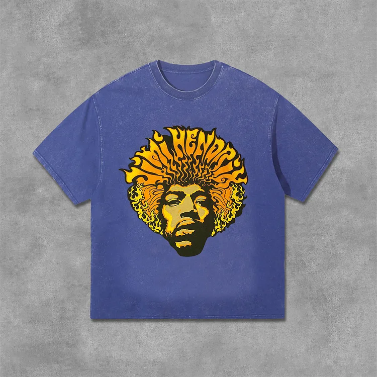 Street Hendrix Fashion Guitarist Graphic Print Acid Washed T-Shirt SOPULA